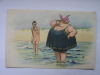 Postkarte, Scherzkarte, Dicke Dame am Strand, signiert AT, A T, Arthur Thiele