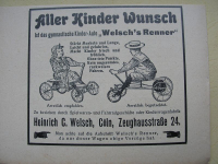 Heinrich Welsch Cöln, Köln, Welsch's Renner, Kinderauto, Inserat 1909