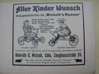 Heinrich Welsch Cöln, Köln, Welsch's Renner, Kinderauto, Inserat 1909
