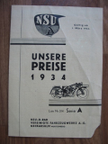 Preisliste NSU D-Rad, 1934, 201, Pony, Chrom, 251, 351, 501, 601, 500 SS