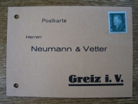 Neumann & Vetter Greiz, Postkarte mit Marke, um 1930, #15/1