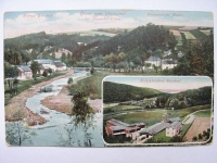 Gruss vom Willischtal bei Neumühle- Elster, Holzschleiferei und Rittergut Rüssdorf, Waltersdorfer Mühle, 1915