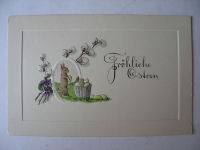 Postkarte Fröhliche Ostern, Prägekarte mit Osterhasen, schätze 20-er Jahre, #150