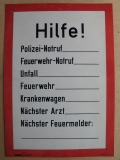 Hinweisschild HILFE, Polizei, Feuerwehr, Feuermelder, Arzt, Krankenwagen, Homanit DDR, unbenutzt