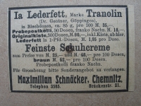 Lederfett Tranolin, Schuhcreme, Maximilian Schnäcker Chemnitz, 1919