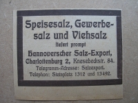 Speisesalz, Viehsalz, Hannoverscher Salz- Export Charlottenburg, 1919