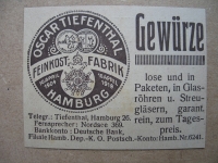 Gewürze, Feinkostfabrik Oscar Tiefenthal Hamburg, 1919