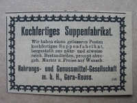 Kochfertiges Suppenfabrikat, Gera- Reuss, Inserat von 1919