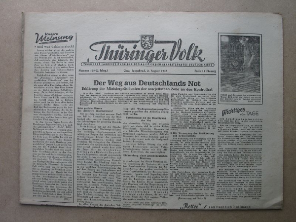 Thüringer Volk, Gera, 2. August 1947, Franz Deterding aus Liebschwitz, SED