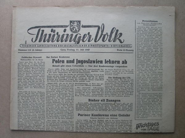 Thüringer Volk, Gera, 11. Juli 1947, SED, Weltgetreidekonferenz, Glashütten