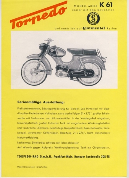 Prospekt TORPEDO MIELE K61, K 61, um 1960