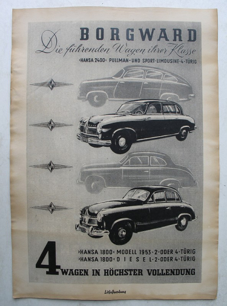 Borgward Hansa 2400, 800, Diesel, Litfaßwerbung, altes Werbeplakat