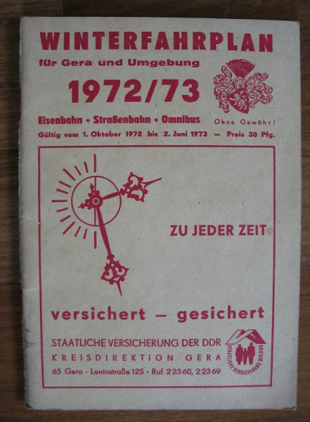 Fahrplan Gera und Umgebung, DDR, 1972/ 1973, Eisenbahn, Straßenbahn, Omnibus, Winterfahrplan
