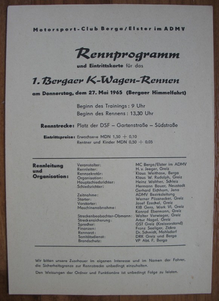 Rennprogramm 1. K-Wagen-Rennen in Berga Elster 1965