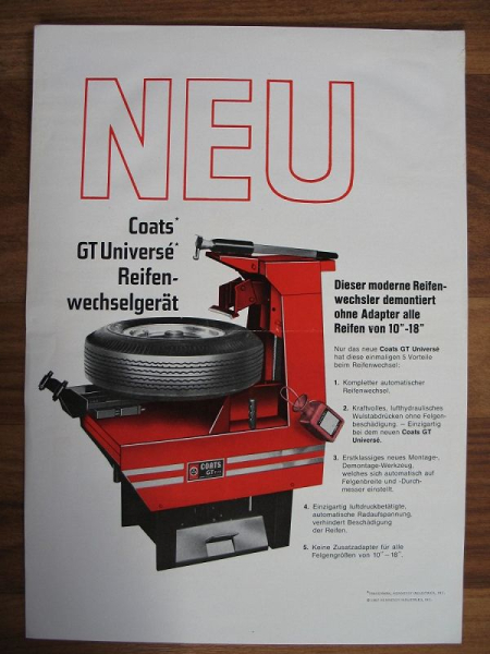 Prospekt Coats GT Reifenwechselgerät, schätze um 1970