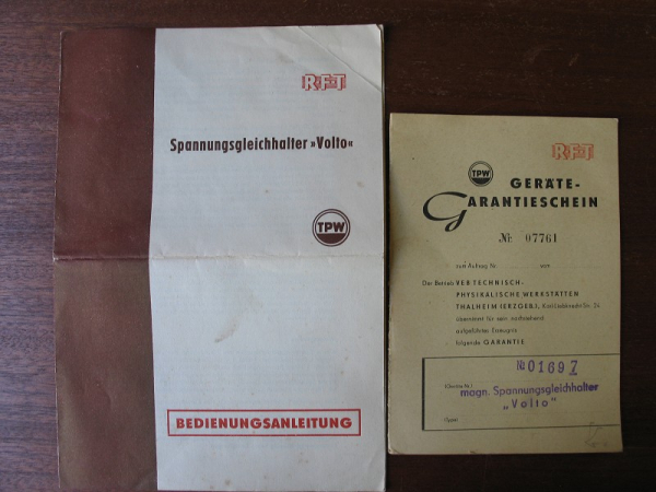 Spannungsgleichhalter VOLTO, TPW, RFT, Anleitung 1958