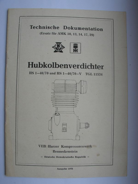 Hubkolbenverdichter HS 1-40/70 und HS 1-40/70-V, Harzer Kompressorenwerk Benneckenstein, DDR 1976