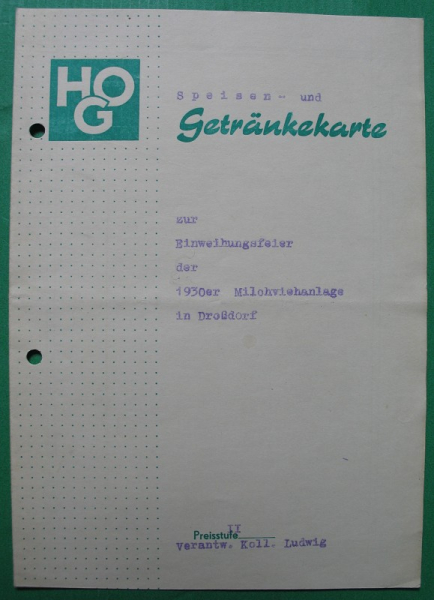 Einweihungsfeier 1930-er Milchviehanlage in Droßdorf, Speisenkarte DDR HO