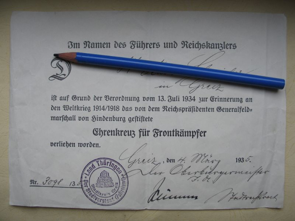 Urkunde 1935, Ehrenkreuz für Frontkämpfer, Greiz