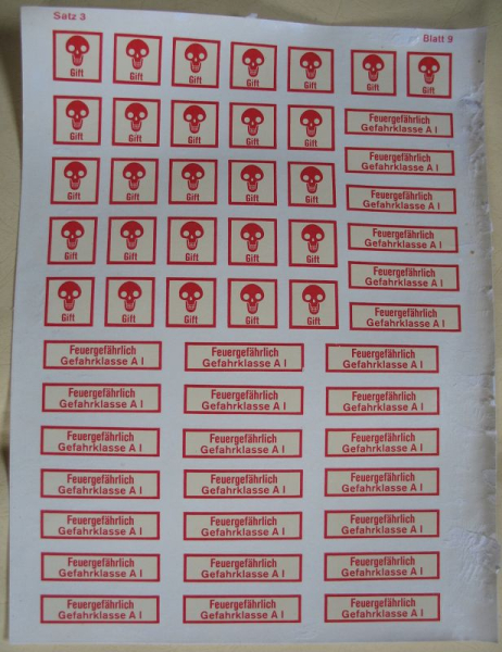 Abziehbilder DDR, Chemieunterricht, Gift, Feuergefährlich