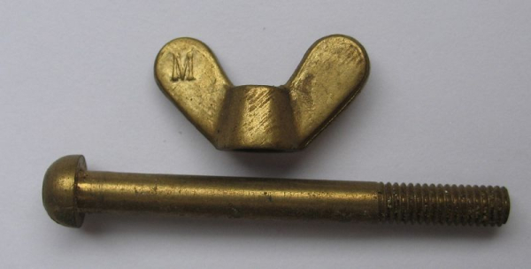 Messingschraube mit Flügelmutter, M4, unbenutzt, Midgard, Märklin ???