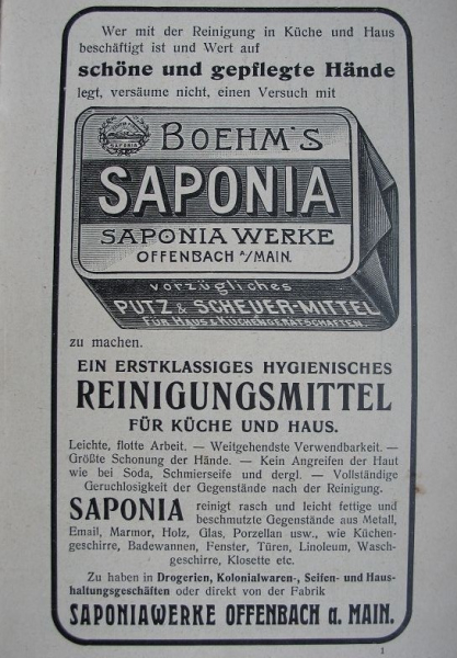 Saponia Werke Offenbach, Reinigungsmittel, Inserat 1909