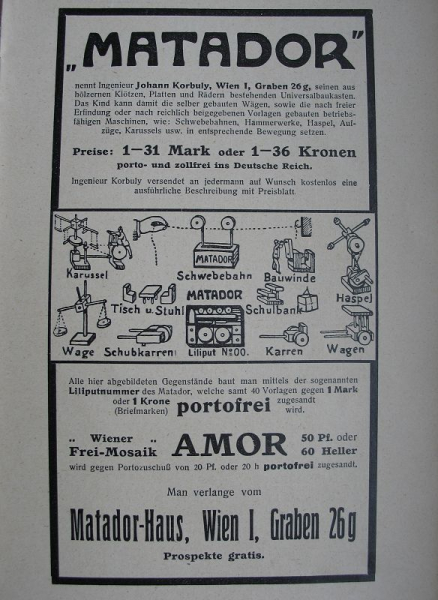Matador, Johann Korbuly Wien, Baukästen, Inserat 1909