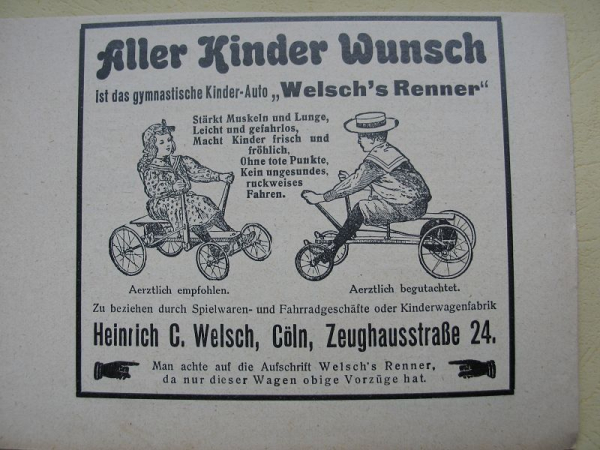 Heinrich Welsch Cöln, Köln, Welsch's Renner, Kinderauto, Inserat 1909