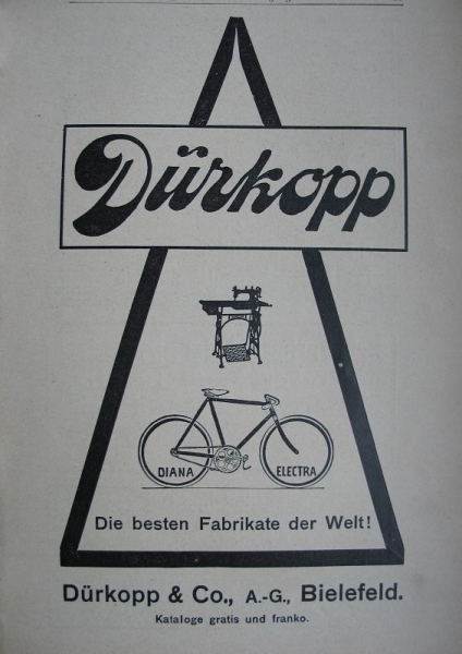 Dürkopp Bielefeld, Fahrräder, Nähmaschinen, Inserat 1909