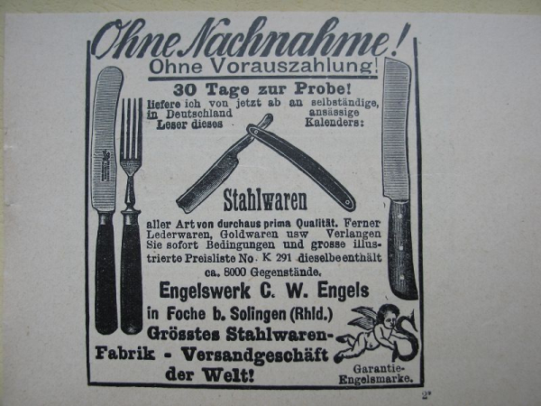 Engelswerk Foche bei Solingen, Stahlwaren, Inserat 1909