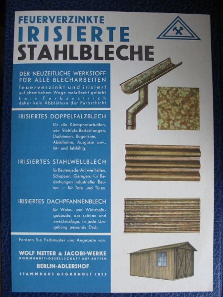 Wolf Netter & Jacobi- Werke Berlin, Irisierte Stahlbleche, um 1935