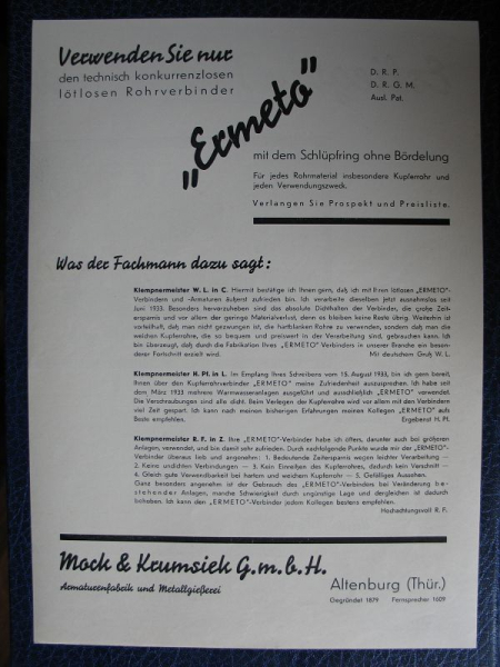 Mock & Krumsiek Altenburg, Ermeto Rohrverbinder, Prospekt um 1935