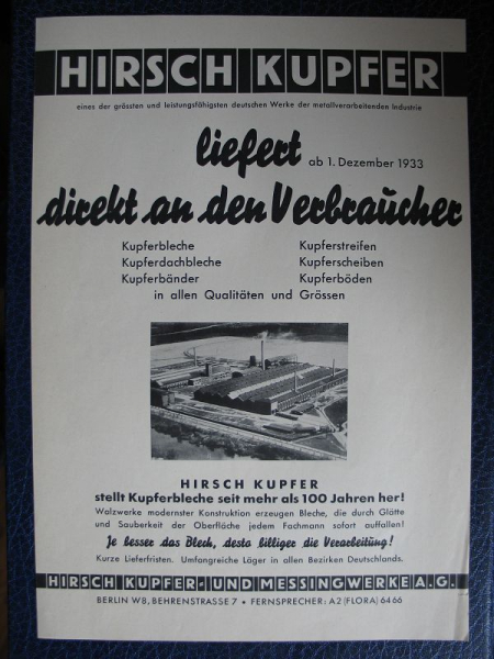 Hirsch Kupfer- und Messingwerke Berlin, Kupferdach, Prospekt um 1935