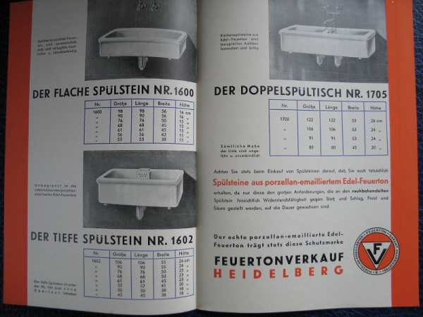 Edel- Feuerton Heidelberg, Spülsteine, Spültische, Prospekt um 1935, A5