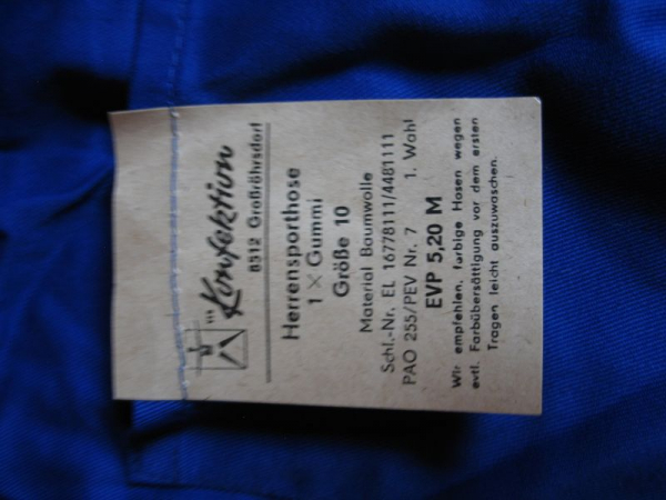 Turnhose, Sporthose für Herren, Größe 10, DDR, VEB Konfektion Grossröhrsdorf, unbenutzt, #7