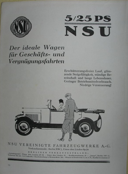 NSU 5/ 25 PS, Vereinigte Fahrzeugwerke A.G., Inserat, 1927