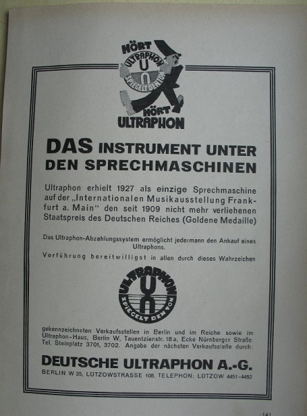Deutsche Ultraphon A.-G. Berlin, Sprechmaschinen, Inserat 1927