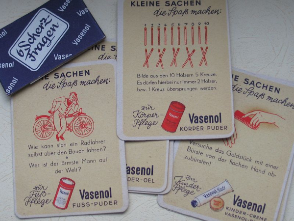 VASENOL Scherzfragen, Creme, Puder, Brandbinde, Öl, 30-er Jahre