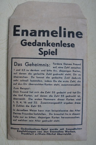 Enameline- Werke Frankfurt- Höchst, Gedankenlesespiel 30-er Jahre