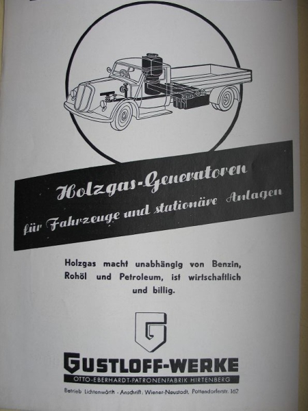 Gustloff- Werke, Otto Eberhardt Hirtenberg, Holzgas, Inserat