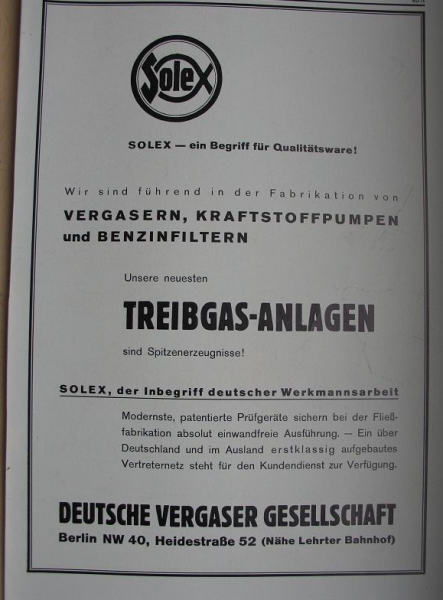 Solex, Deutsche Vergaser Gesellschaft Berlin, Inserat