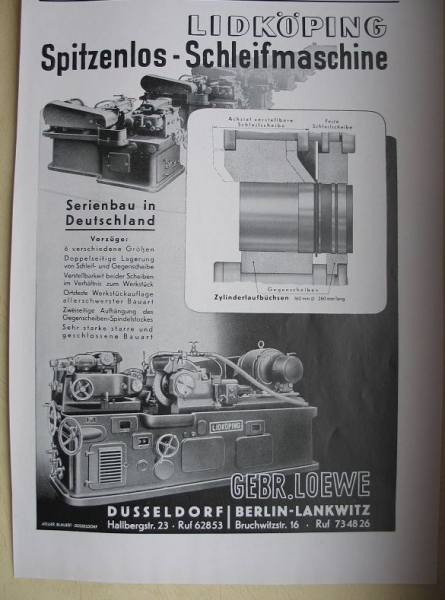 Lidköping Schleifmaschine, Gebr. Löwe Berlin, Düsseldorf, Inserat