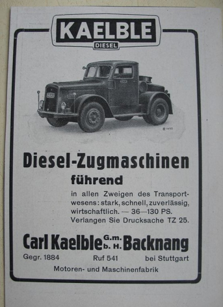 Kaelble Diesel-Zugmaschinen Backnang, Inserat