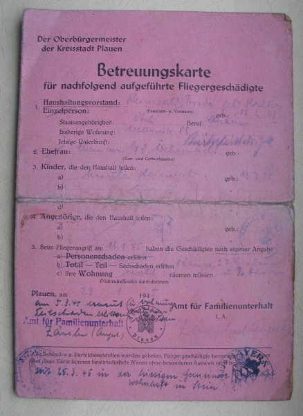 Betreuungskarte für Fliegergeschädigte, Fliegerangriff Plauen 16.1.1945