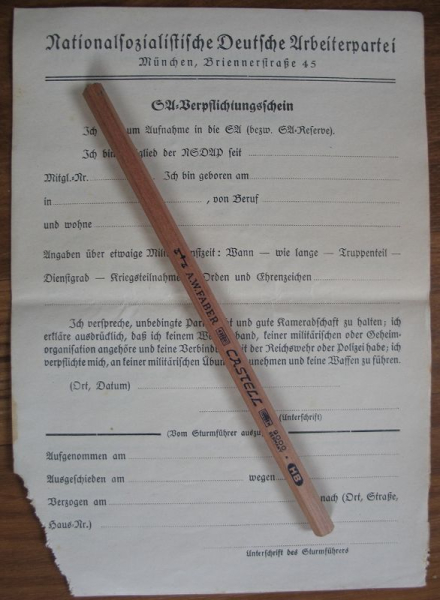 SA- Verpflichtungsschein, NSDAP, Originaler Vordruck, #2