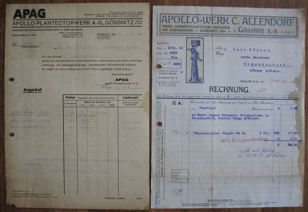 APAG, Apollo-Werk Allendorf, Gössnitz, 2 Rechnungen/ Briefe 1915/ 1930, #kr28