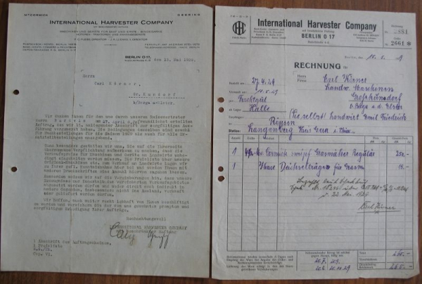 International Harvester Company Berlin, 2 Rechnungen/ Briefe 1929, #kr27