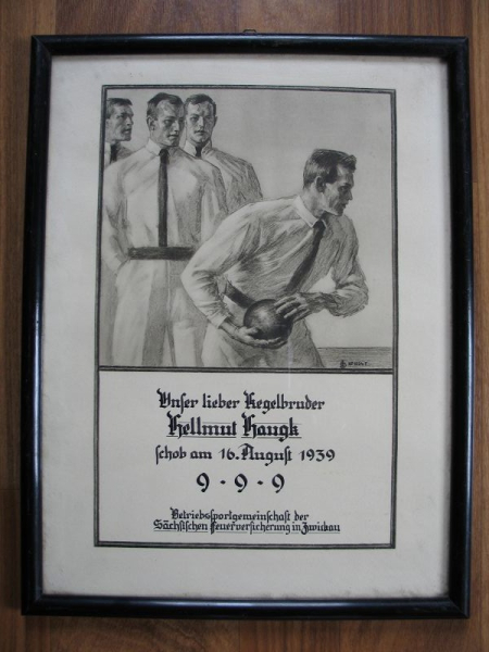 Diplom Kegeln, Hellmut Haugk Zwickau, Feuerversicherung, 1939