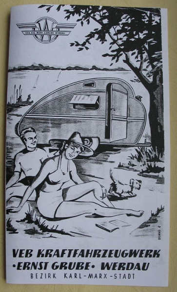 Prospekt Wohnwagen, Camping Bully, VEB Kraftfahrzeugwerk Ernst Grube Werdau, DDR 1955