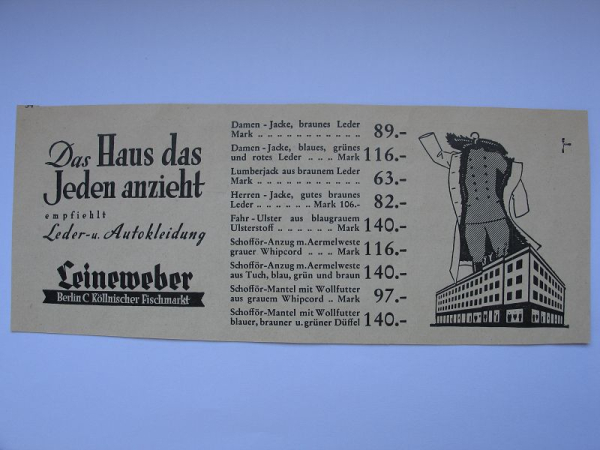 Leineweber Berlin, Leder- u. Autokleidung, Inserat 1929 #1